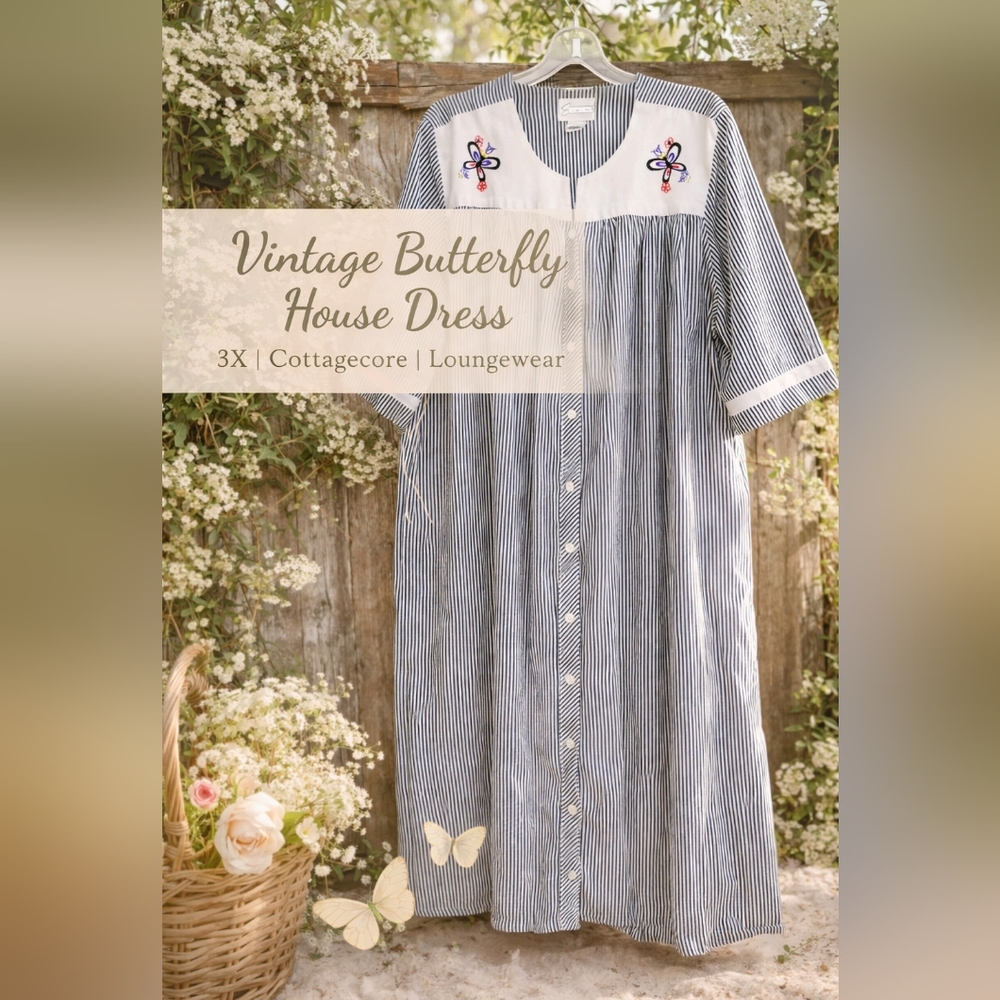 Vintage Easy Essentials Seersucker Striped Embroidered Butterfly House Dress  3X